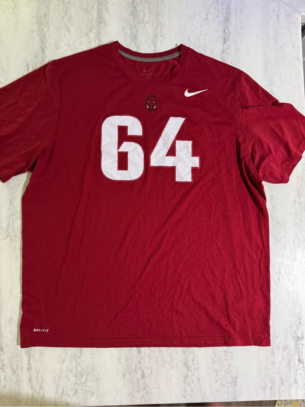 Nike Men’s Red Dri-FIT Arkansas Razorbacks Athletic Tee with Number 64 XXL 2XL
